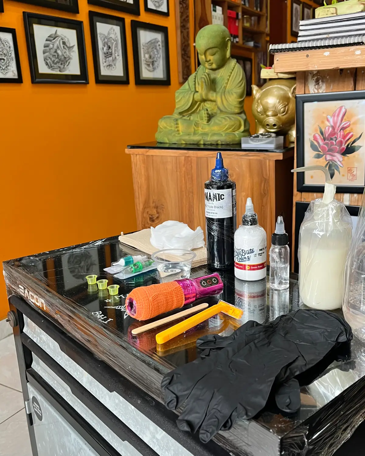 Prepared tattoo station at Mex Tattoos Bali